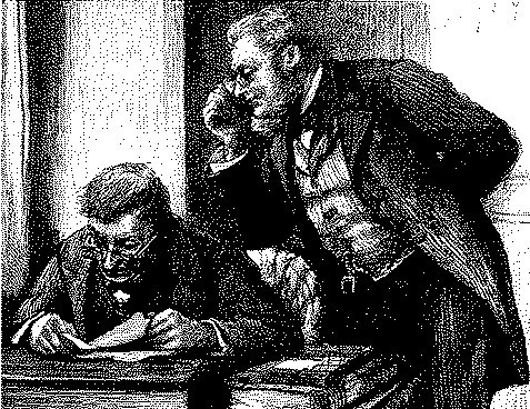 man writing with another man looking over his shoulder, inspecting his work
