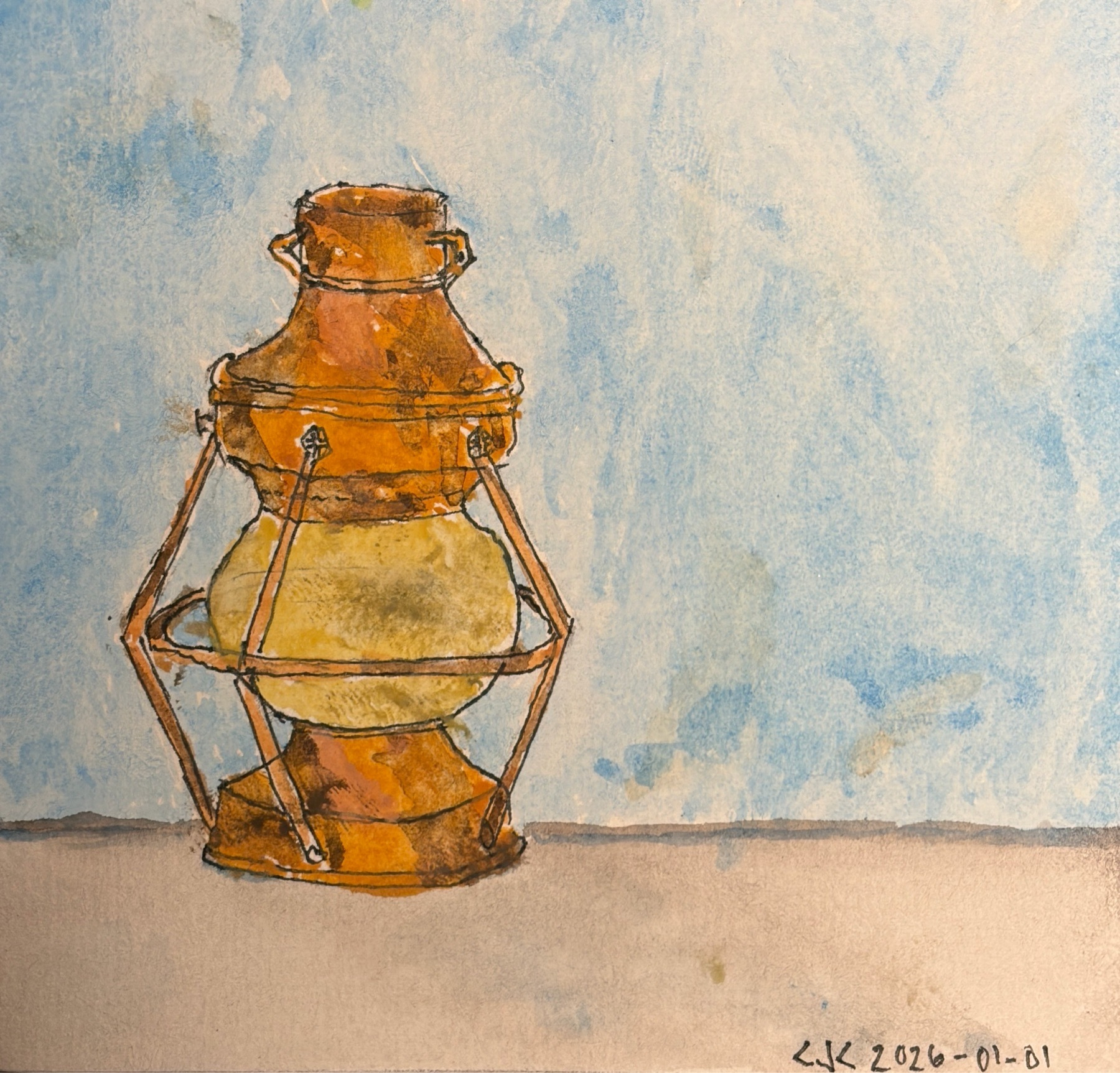 Watercolor painting of a lantern with a blue background.